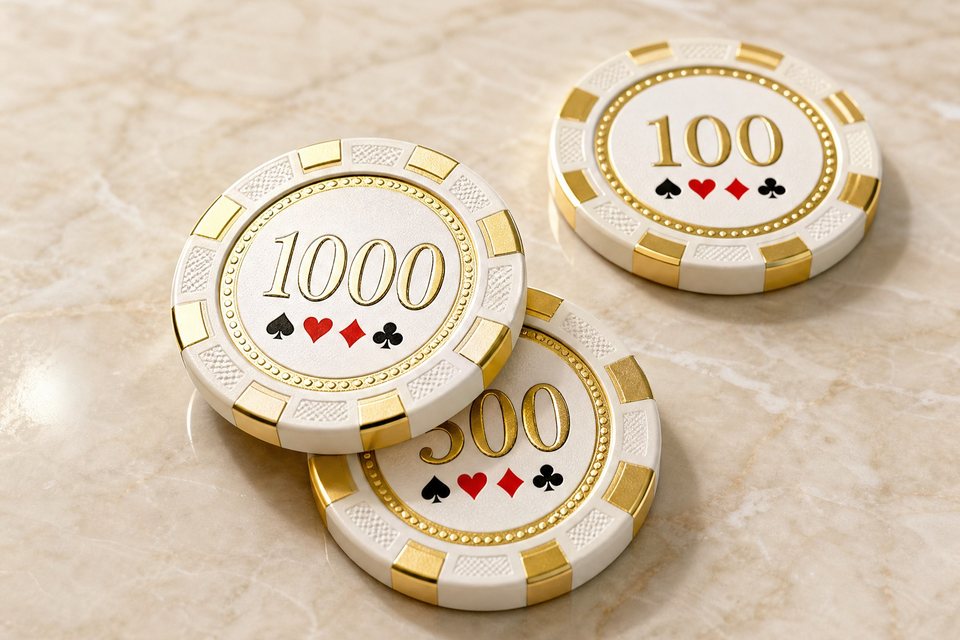 三枚金边扑克筹码错落叠放，面额100/500/1000清晰